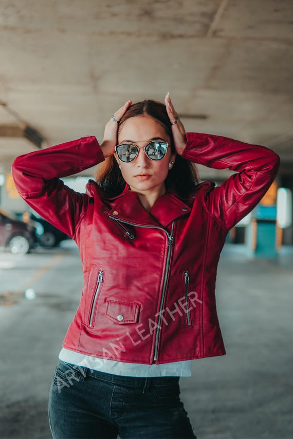 Red Women's Lambskin Leather Jacket Ladies Jacket Biker Motorcycle