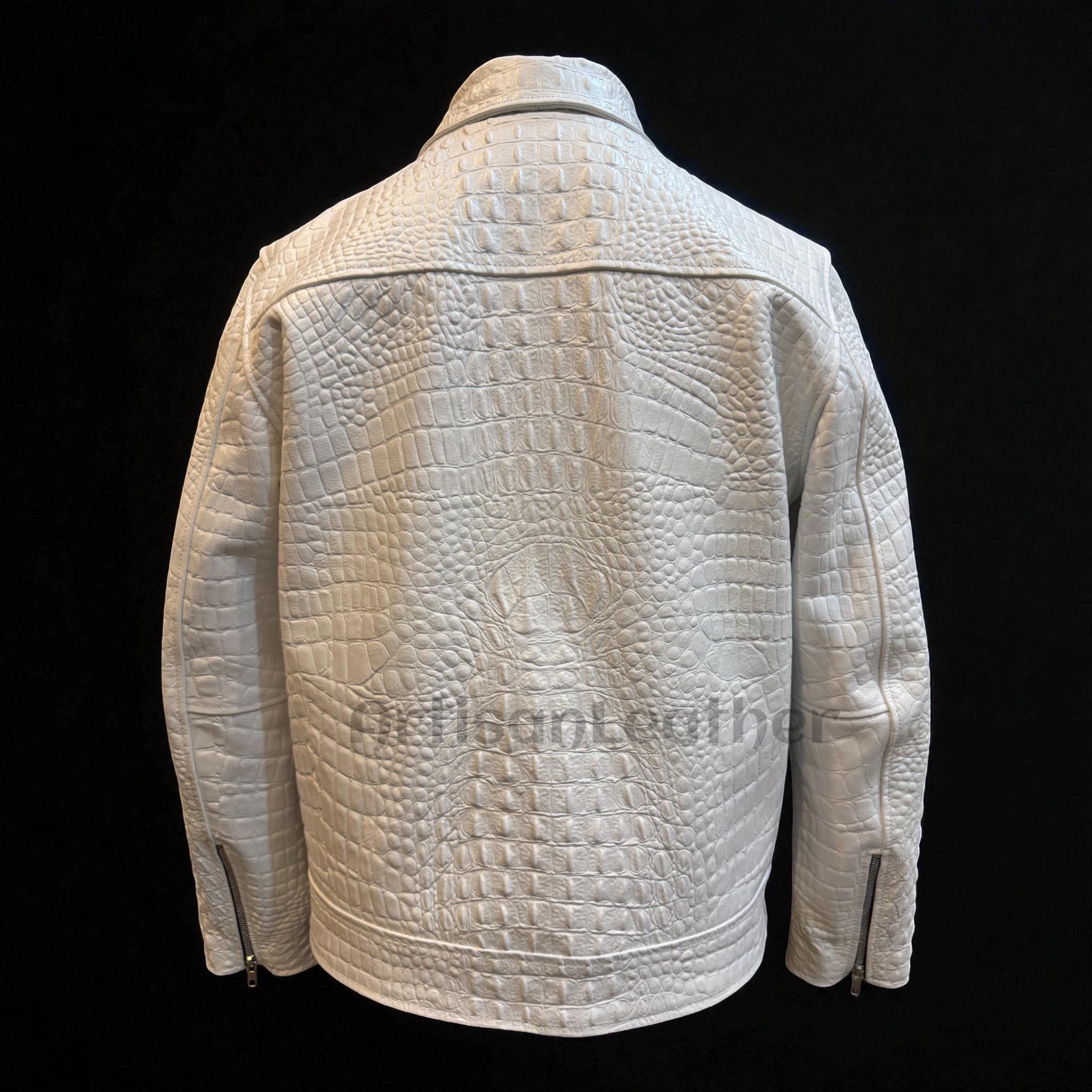 Mens White Crocodile Embossed Leather Jacket Crocodile Pattern