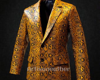 Mens Genuine Soft Leather Coat Snake Skin Print Blazer Jacket Two Button Party Coat Premium Python Print Leather Blazer Jacket Coat
