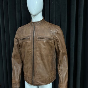 Veste moto en cuir véritable marron effet vieilli pour homme, veste café racer homme, veste en cuir marron effet vieilli western pour homme, fait main, vintage