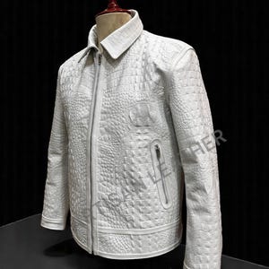 Veste en cuir embossé crocodile blanc pour homme Veste en cuir de luxe véritable motif crocodile Veste imprimé crocodile Veste en relief alligator