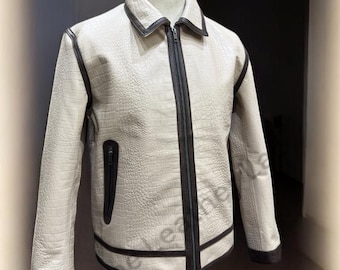 Krokodil geprägte Lederjacke, Beige Herren Lederjacke | Krokodilleder Bikerjacke Motorradjacke | Lederne Bomberjacke