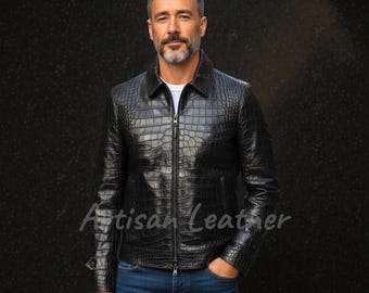 Mens Motorcycle Leather jacket Crocodile Embossed Black Leather Jacket Exotic Look Crocodile Print Biker Jacket Alligator Embossed Jacket