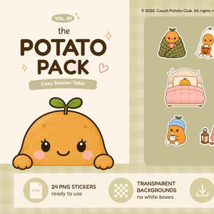 Pode incluir: Um conjunto de autocolantes digitais intitulado The Potato Pack Vol. 04 com personagens de batata cor de laranja em várias cenas acolhedoras. O conjunto inclui 24 autocolantes PNG com fundos transparentes, prontos para download imediato.