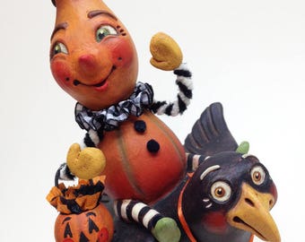 Nancy’s Night Flight – EHAG, Hand sculpted, OOAK, original paper mâché, Halloween, Trick or Treat, gourd girl, crow, artist Alycia Matthews