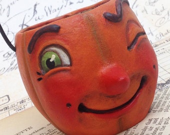 Paddy Pumpkin - EHAG - Hand sculpted OOAK, original paper mâché, pumpkin, candy cup, ornament, Halloween, trick or treat by Alycia Matthews