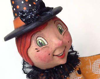 Halloween Hannah - EHAG - Hand sculpted, OOAK, original paper mâché, Halloween, witch, hand puppet, wood stand by artist Alycia Matthews