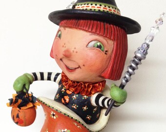 Magical Matilda - EHAG - Hand sculpted, OOAK, original paper mâché, Halloween, witch, boot, Trick or Treat, pumpkin, artist Alycia Matthews