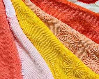 Vintage Japanese Obiage No.11 - Shibori Silk Kimono Sash in Mimosa, Orange, Vermilion - Tie-Dyed Obiage Wrap, Traditional Kimono Accessory