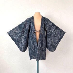 Vintage Japanese Haori – No.194 | Deep Teal Silk Kimono Jacket with Flowing Water Pattern | Gold & Silver Woven Design | Excellent Condition