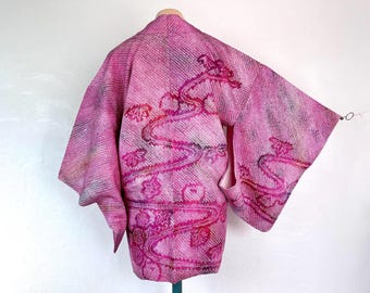 Vintage Japanese Haori – No.101 | Ruby Pink Shibori Silk Jacket with Floral Motif | Kimono Robe | Unisex | Good Vintage Condition