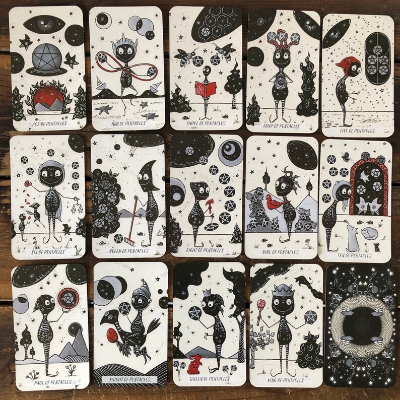 May include: A set of 14 tarot cards featuring black and white illustrations of figures with pentacles. The cards are part of a tarot deck with a whimsical and dark aesthetic.