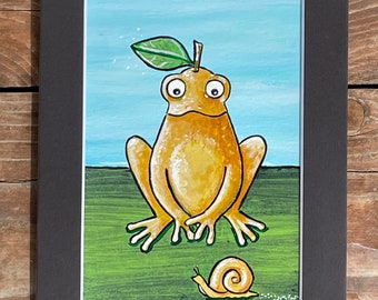 ORIGINAL pear fruit frog mini acrylic painting