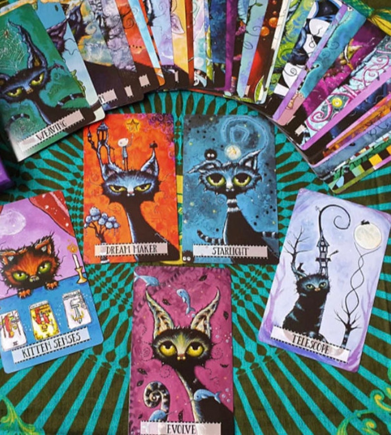 May include: A set of colorful tarot cards featuring whimsical illustrations of cats with various names, such as "Dream Maker", "Starlight", "Kitten Senses", "Telescope", and "Evolve".
