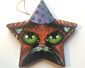 Original star kitty ornament cat art hand painted whimsical ooak