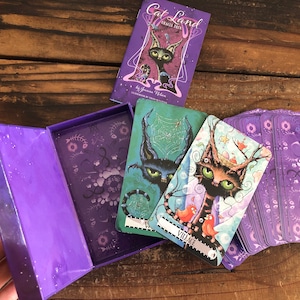 May include: A purple box with a deck of Cat Land Oracle Cards. The box is open and shows a purple interior with a floral pattern. Three cards are pulled out of the deck, showing colorful illustrations of cats with whimsical details. The cards are labeled "Village" and "The Web".