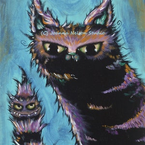 ORIGINAL Acrylic Painting Joanna Nelson Studio Black Cat Magic Fantasy Fine Art goth tim burton-ish monster tail surreal fluffy fat comedy!
