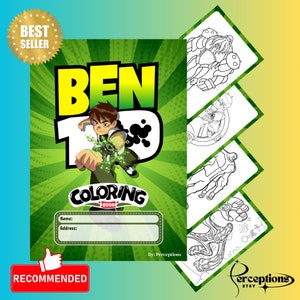 Puede incluir: Un libro para colorear verde y negro con Ben 10, un personaje de dibujos animados popular. La portada presenta una imagen de dibujos animados de Ben 10 en su forma alienígena, con el texto "Ben 10 Libro para colorear" impreso debajo. El libro es recomendado para niños.