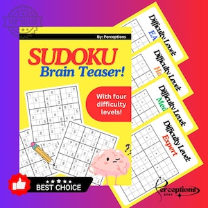 May include: A yellow and black book with the title "Sudoku Brain Teaser!" and a cartoon brain with a question mark. The book includes four difficulty levels: Easy, Hard, Medium, and Expert. The book also includes a sample Sudoku puzzle.