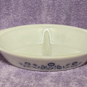 Vintage Divided Milk Glass Baking Dish with Blue Cornflower Pattern. Free Shipping.