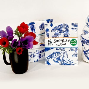 Limited Edition Seattle Bridges Tea Towel on White 100% Cotton Flour Sack Fabric image 1