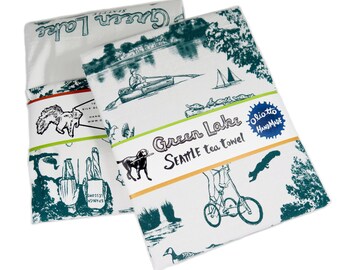 Tea Towel Seattle Green Lake on White Flour Sack 100% Cotton