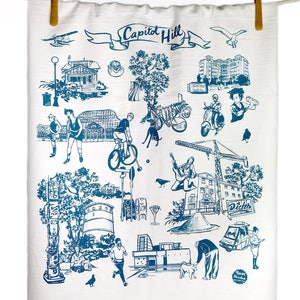 Tea Towel Screen Print Blue Toile Seattle Capitol Hill 100% Cotton Floursack image 2