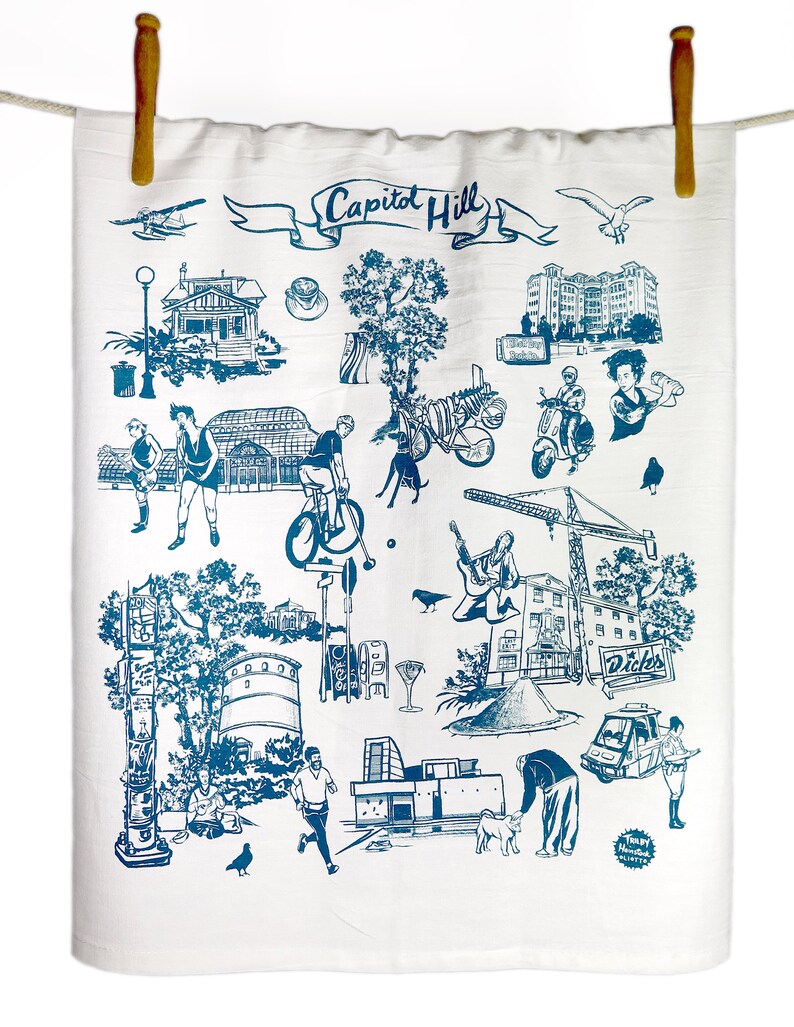 Tea Towel Screen Print Blue Toile Seattle Capitol Hill 100% Cotton Floursack image 2