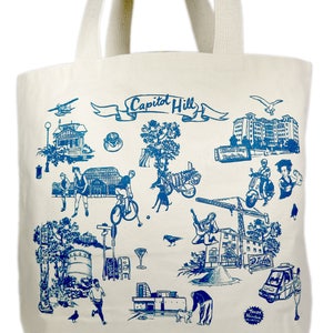 Tea Towel Screen Print Blue Toile Seattle Capitol Hill 100% Cotton Floursack image 4