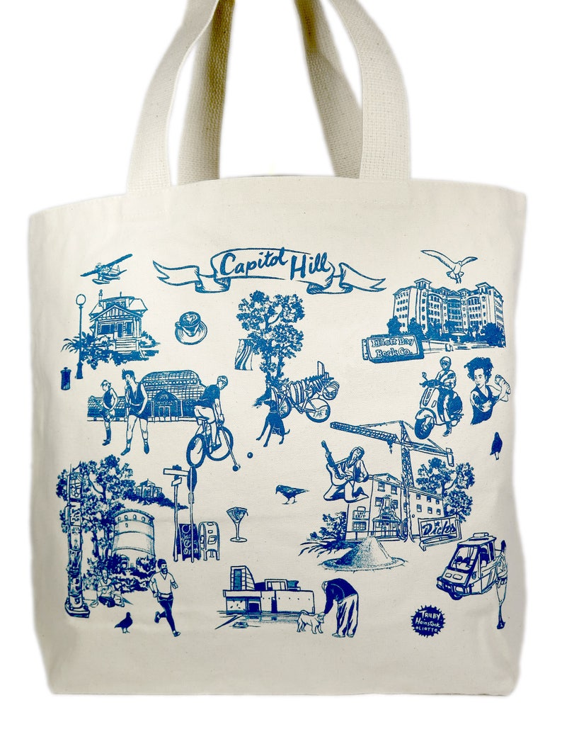 Tea Towel Screen Print Blue Toile Seattle Capitol Hill 100% Cotton Floursack image 4