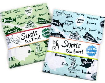 Tea Towel Seattle Neighborhood Blue Green on White Flour Sack 100% Cotton