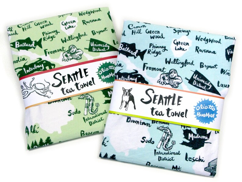 Tea Towel Seattle Neighborhood Blue Green on White Flour Sack 100% Cotton Emerald Green