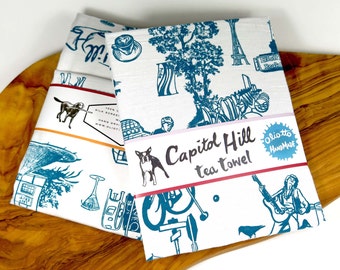 Tea Towel Screen Print Blue Toile Seattle Capitol Hill 100% Cotton Floursack