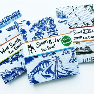 Limited Edition Seattle Bridges Tea Towel on White 100% Cotton Flour Sack Fabric image 2