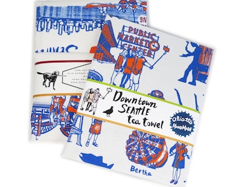 Downtown Seattle Retro Toile Neighborhood Tea Towel White Flour Sack 100% Cotton