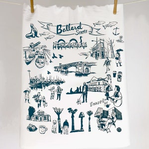 Tea Towel Turquoise Blue Seattle Ballard White Flour Sack 100% Cotton image 4