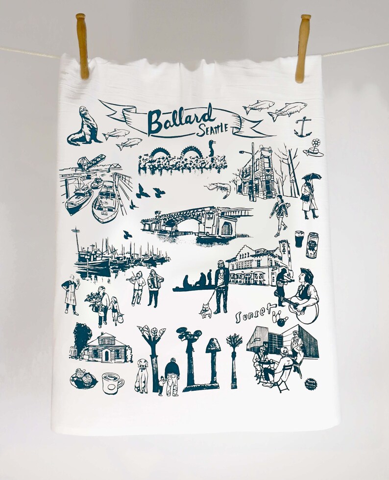 Tea Towel Turquoise Blue Seattle Ballard White Flour Sack 100% Cotton image 4