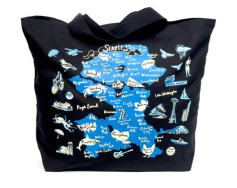 Seattle Neighborhood Screen Print Black Canvas Tote Bag