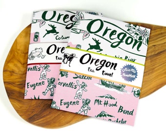 Tea Towel Oregon Green and Vintage Pink on White Flour Sack 100% Cotton