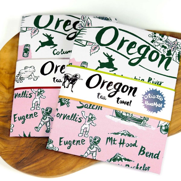 Tea Towel Oregon Green and Vintage Pink on White Flour Sack 100% Cotton