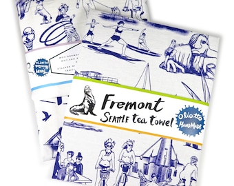 Tea Towel Fremont Seattle Neighborhood Purple on White Flour Sack 100% Cotton