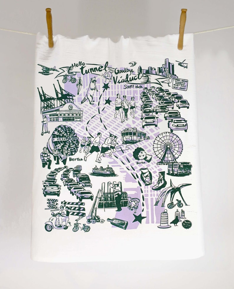 Limited Edition Seattle Bridges Tea Towel on White 100% Cotton Flour Sack Fabric image 7