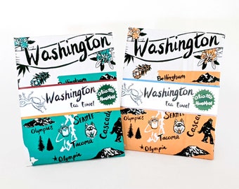Tea Towel Washington State Turquoise and Green on White Flour Sack 100% Cotton