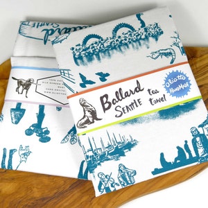 Tea Towel Turquoise Blue Seattle Ballard White Flour Sack 100% Cotton image 1