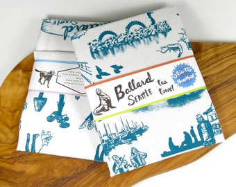 Tea Towel Turquoise Blue Seattle Ballard White Flour Sack 100% Cotton