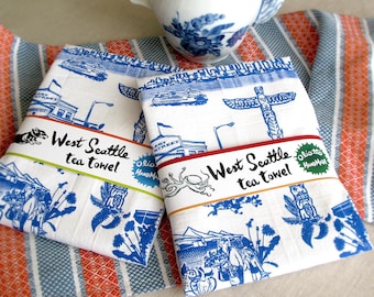 West Seattle Retro Toile Neighborhood Tea Towel White Flour Sack 100% Cotton