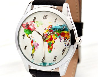 Map Watch - Watercolor Art World Map Watch - Traveler Gift - Travel Gifts - Wanderlust - Best Friend Gift - Daughter Gift - FREE SHIPPING