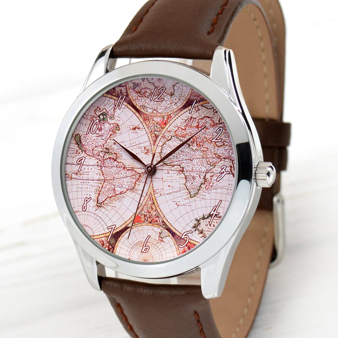 Weltkarte Lederuhr Damenuhr Mit Weltkarte Vintage Weltkarte Uhr
