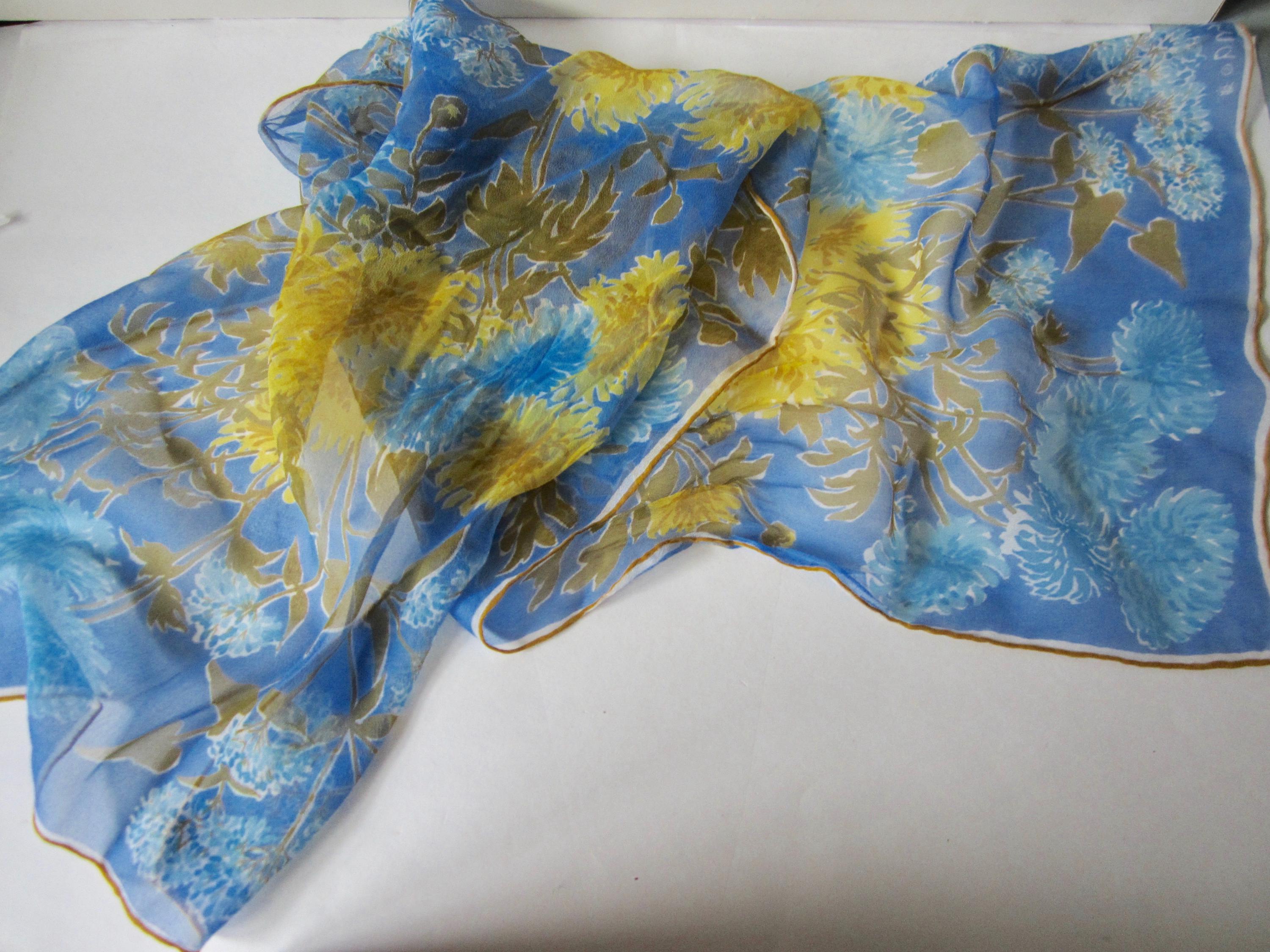 Vintage VERA Neumann Scarf Sheer Vera Blue & Yellow Floral Scarf Rectangle 42" Necktie Vera Scarf / Vera Headband Scarf "Scarves By Vera"
