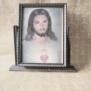 Vintage Jesus Portrait Litho Swivel Ornate Wood Frame Sacred Heart Jesus Picture Vintage Jesus Christ Color Lithograph Religious Print Art